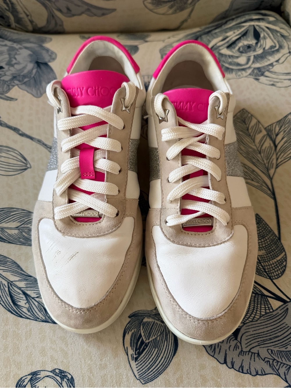 Jimmy Choo White, Beige & Hot Pink Low-Top Sneakers